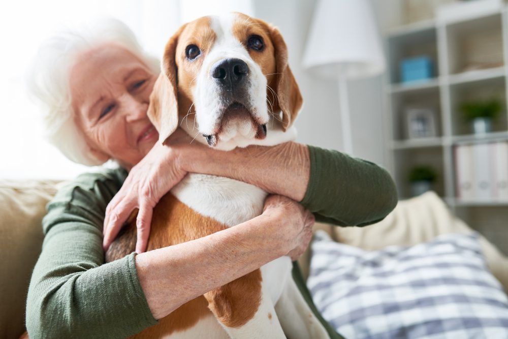 senior woman hugging emotional support animal on a couch